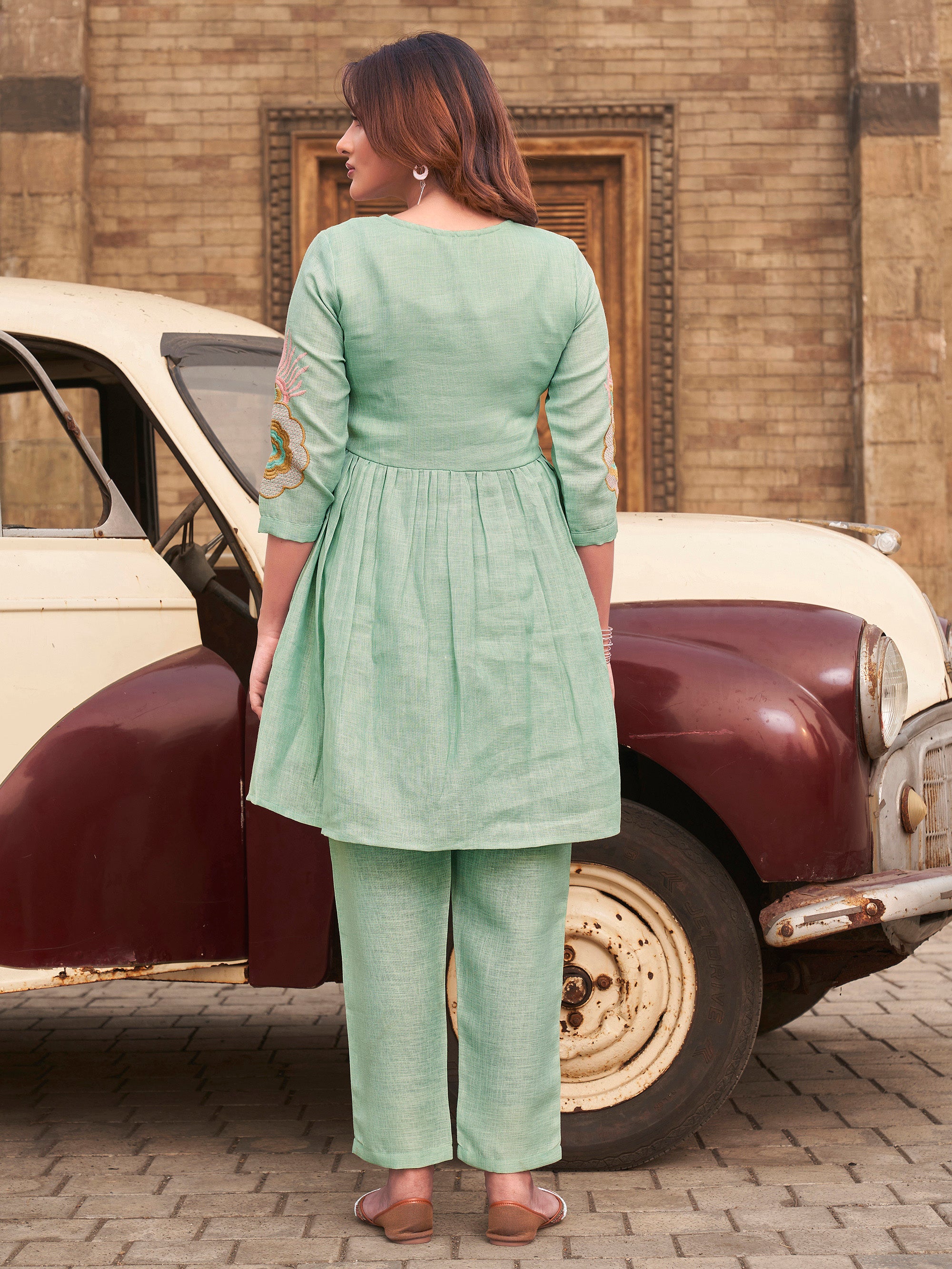 Sea Green color linen with contrast embroidered tunic & trouser co-ord set